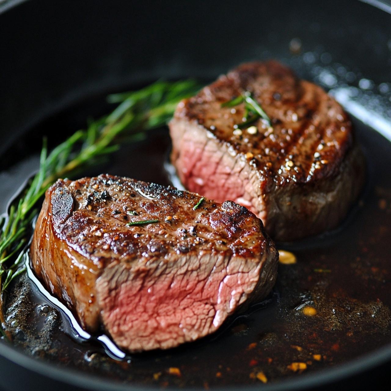 Ivy's Chilli oil over Two seared steaks on a plate with herbs