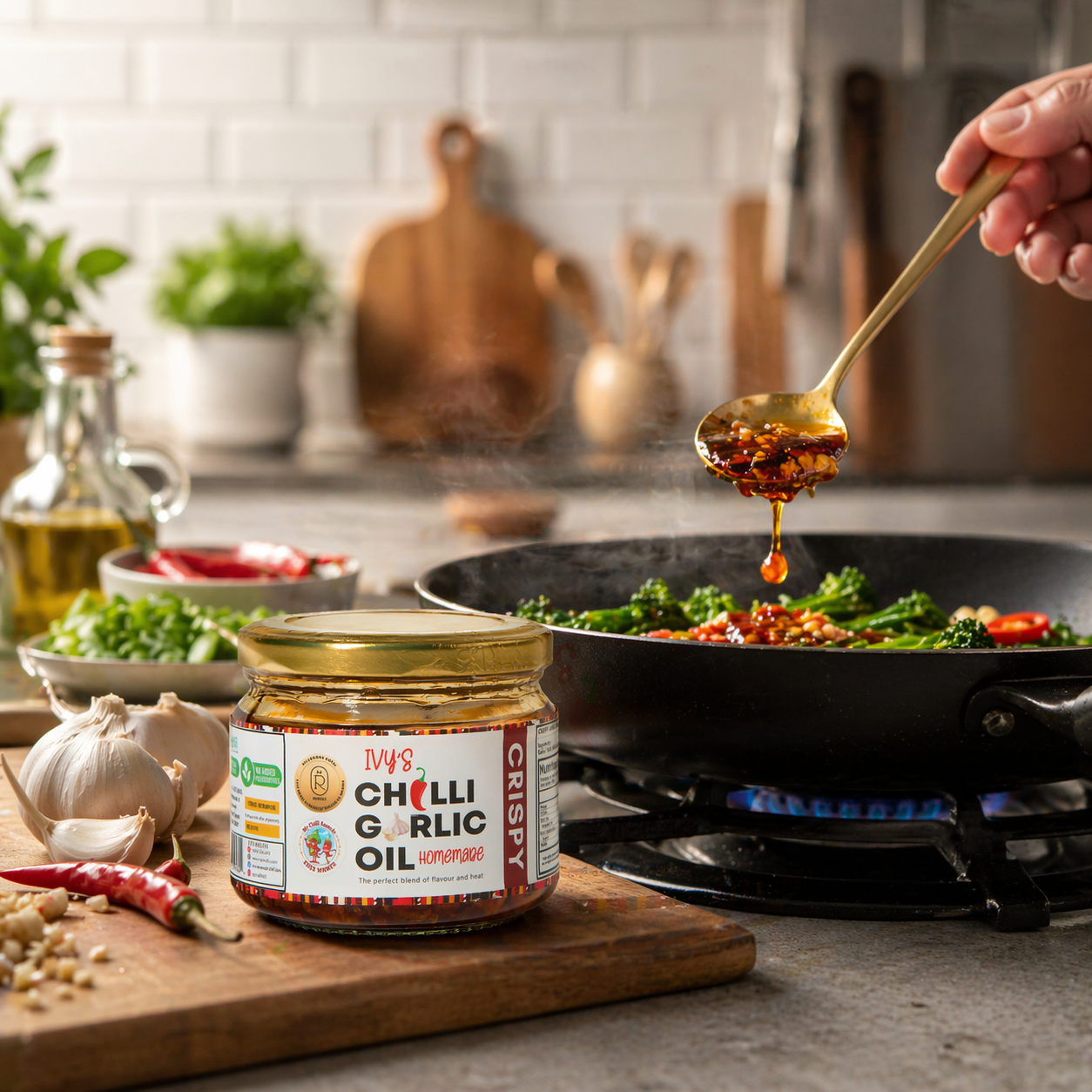 Adding Ivy's Chilli Garlic Oil to a pan with vegetables in a kitchen setting