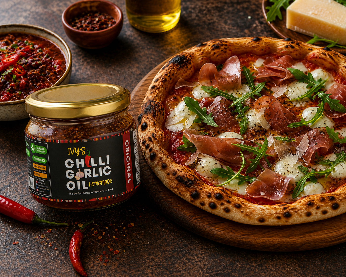 Jar of chilli garlic oil next to a pizza on a rustic surface